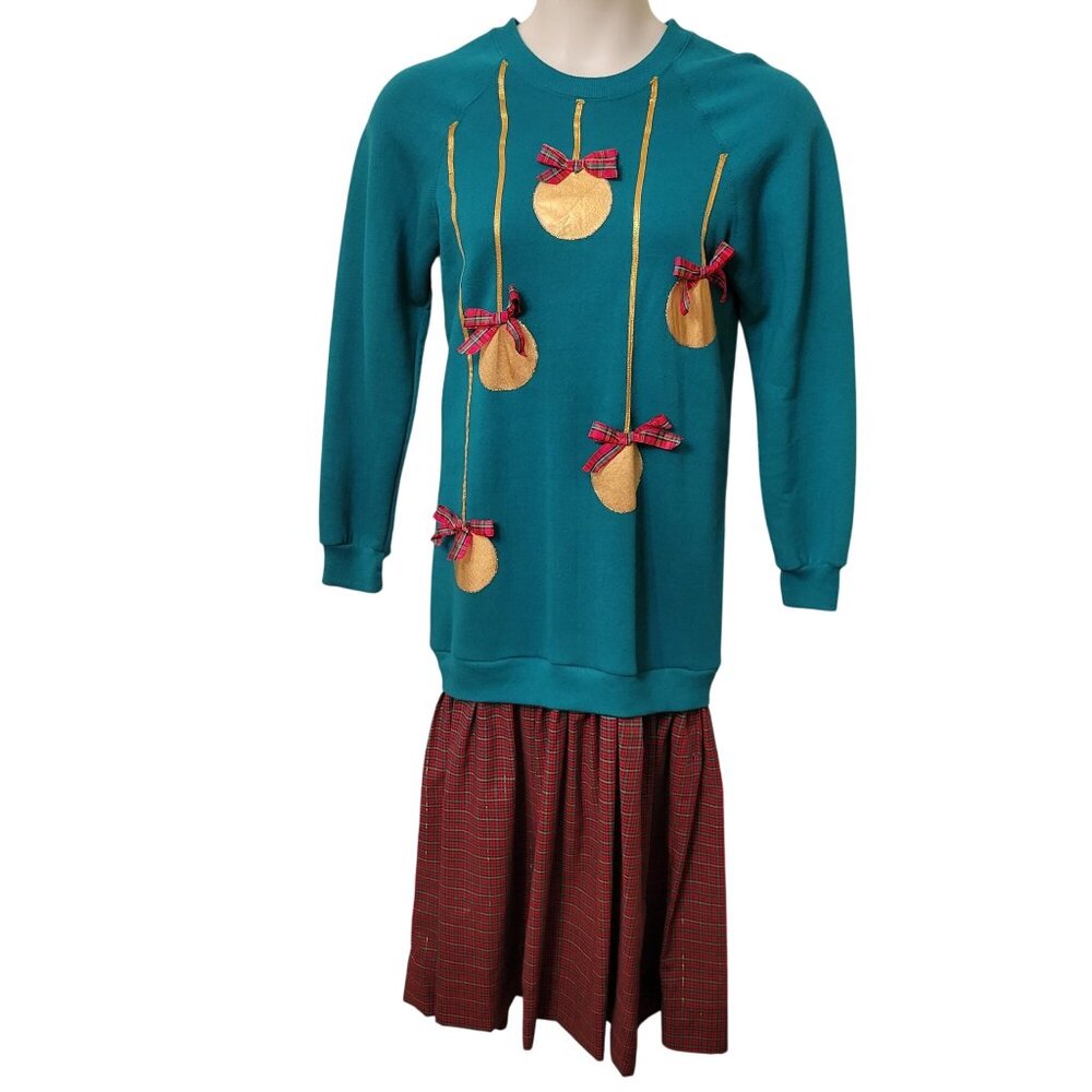 Vintage Wrangler Sweats M Sweatshirt Dress Gold Ornaments Red Plaid Skirt Upcycl